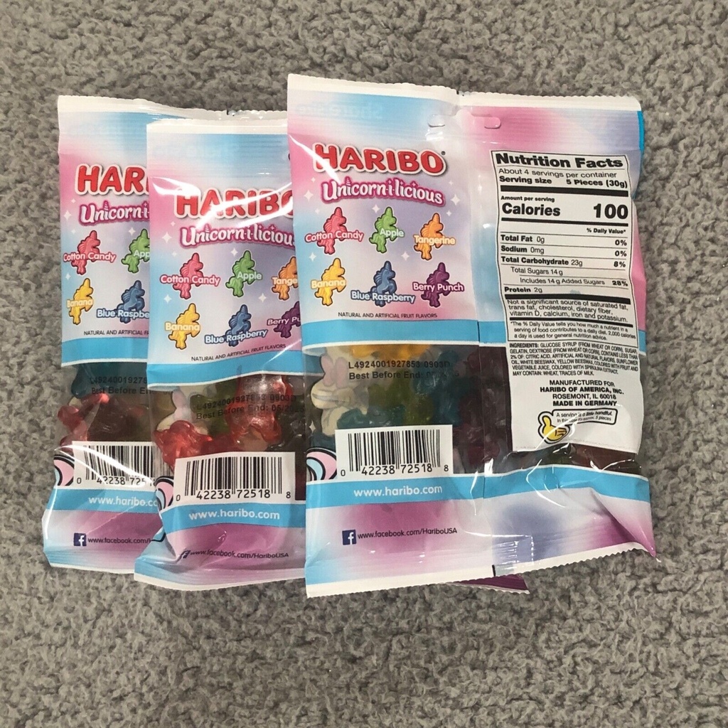 3x HARIBO NEW Unicorn-i-licious Gummi Candy Share Size Packs 4oz Ea. Bag - 5/25